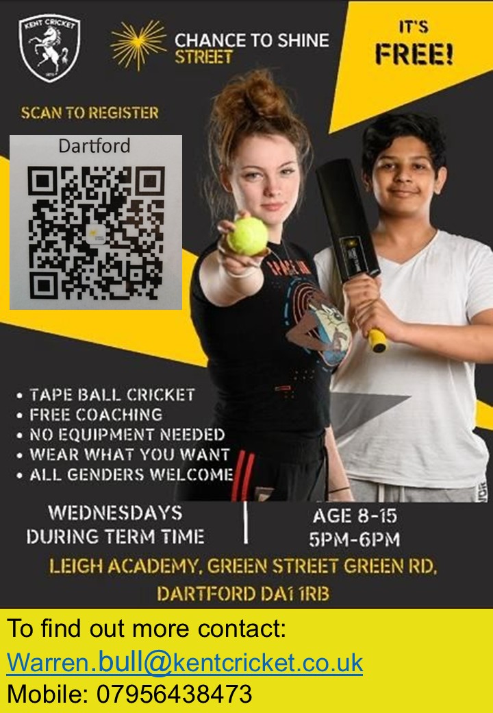 Kent Cricket Chance to Shine Street poster with Dartford registration QR code.