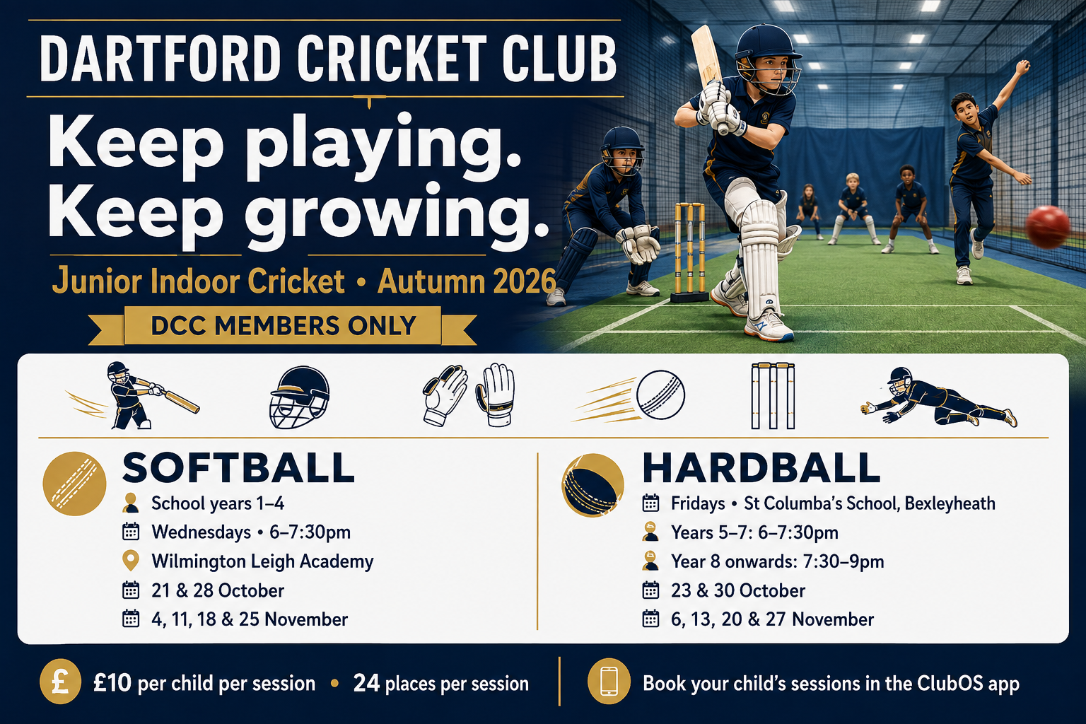 Dartford CC autumn 2026 junior indoor cricket programme: softball and hardball groups, dates, venues and £10 session fee.