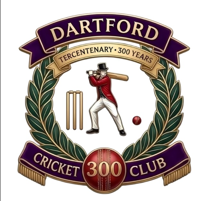 Dartford Cricket Club Tercentenary 300 Years badge featuring a traditional batsman in top hat and red coat, surrounded by laurel wreaths with purple club banners and a cricket ball displaying 300