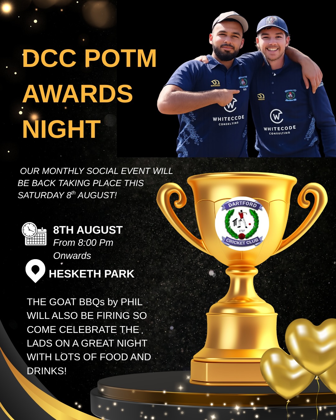 DCC SOCIAL EVENT 🚨 

Our monthly players of the month award night is back this Saturday 🗓️ 
Alongside champagne moments across the club. 

Get yourself down to the club to celebrate the lads and their hard work over the month of July. 🎯 

Phil will kindly be running his Michelin star BBQ once more, which admin can confirm is bloody good. So come along for what is always a great night full of food and drinks ! 

Ps. If you don’t believe how good DCC social night is just swipe to see cullys reaction when I said he might win another trophy…